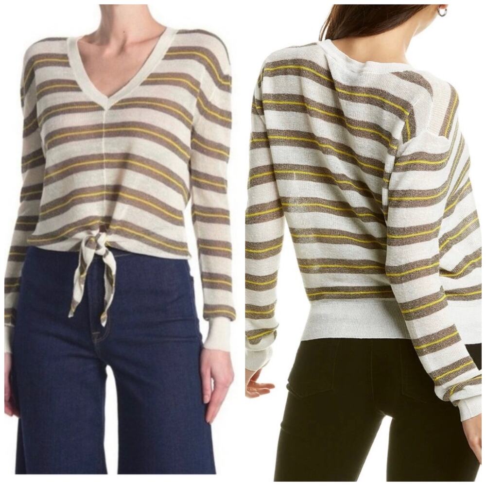 Veronica Beard Jeans Arthur Tie Hem Striped Linen Blend Sweater
